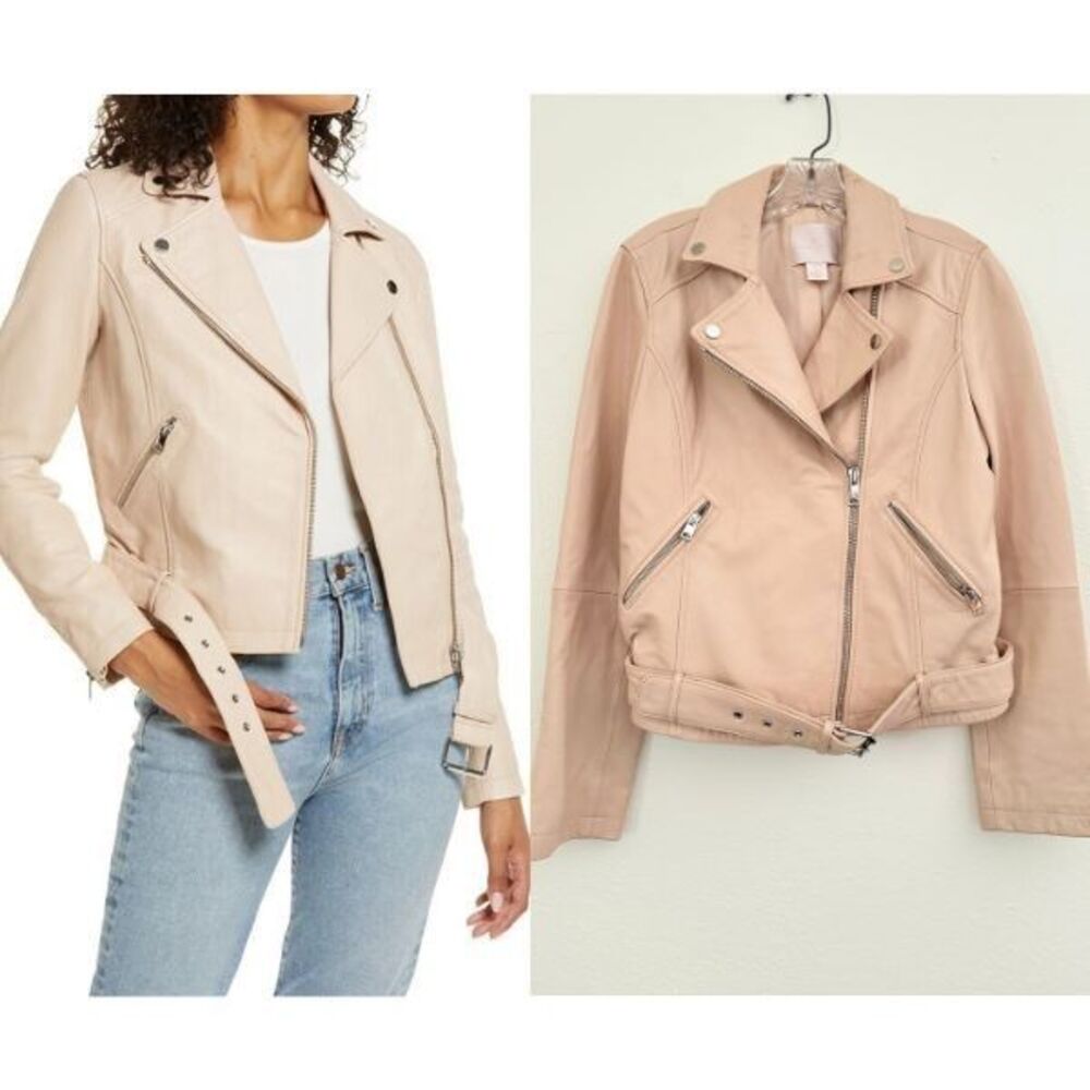 Rachel Parcell Moto Genuine Leather Jacket Pink Bliss Zip Pocket Women's Medium